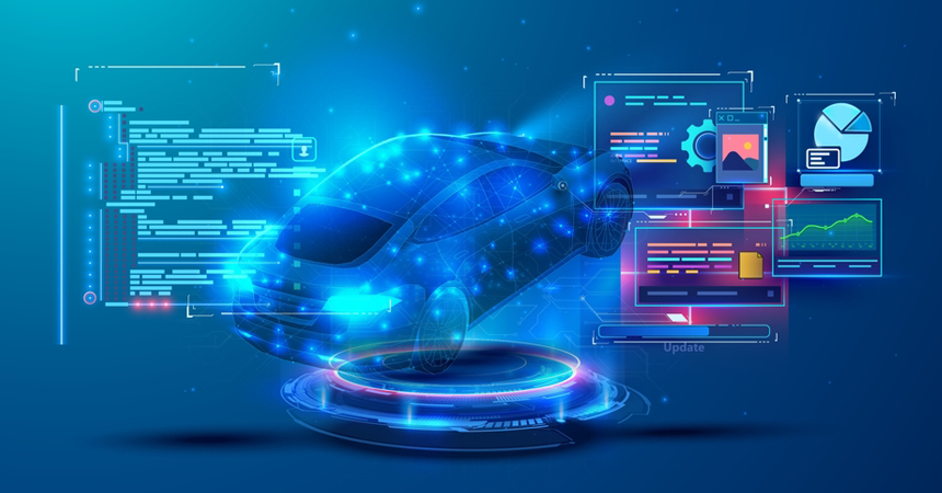 digital car with analytics and code overlays